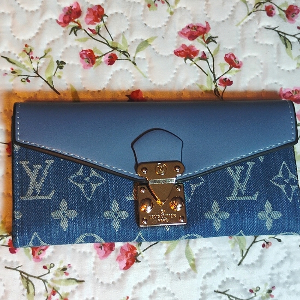 NWOT Blue Denim Monogram Fabric And Leather Wallet, Fashion Bag